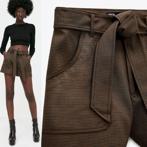 NEW Zara Houndstooth Checker Plaid High Waist Self Tie Belt Shorts Dark Brown S - Picture 9 of 10